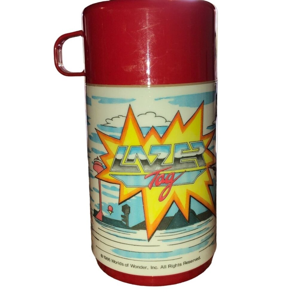 NWOB Vtg Lazer Tag Academy Cartoon Thermos 1986 Aladdin Worlds of Wonder 6.25"